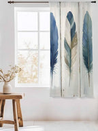 Sheer Curtains 72 Inches Long, Boho Blue Feathers Semi Sheer Curtains Light Filtering Window Treatment, Farmhouse Vintage Wooden Grain Privacy Voile Drapes for Living Room Bedroom 52x72 Inch