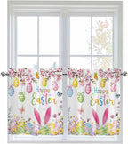 Happy Easter Half Window Curtains 24 Inches Long, Spring Watercolor Bunny Eggs Flower Branch Window Treatment Curtain Drapes, Short Curtains Tiers for Kitchen Over Sink, 27.5"x24", 2 Panels