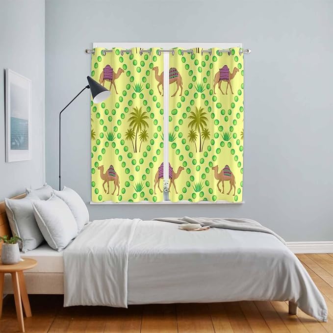 2 Panel Kitchen Cafe Curtains, Desert Sand Camels Sunlight Filtering Nature Air Through, Window Decor Tier Curtains for Living Room 104W x 84L inch Palm Trees Tropical Plants Polka Dot Yellow
