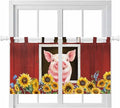 Pigs Sunflowers Kitchen Curtains 24 Inch Length, Small Window Curtains Tab Top, Farmhouse Red Barn Flowers Animals Light Filtering Short Window Treatments Tier Drapes 27.5"x24" 2 Panel