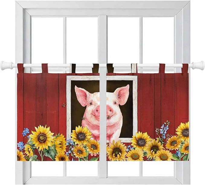 Pigs Sunflowers Kitchen Curtains 24 Inch Length, Small Window Curtains Tab Top, Farmhouse Red Barn Flowers Animals Light Filtering Short Window Treatments Tier Drapes 27.5"x24" 2 Panel