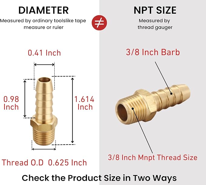 3/8 Inch NPT to 3/8 Inch Barb, Hose Barb Adapter, Air Hose Fittings Brass Pipe Fittings Male Thread, (4 Piece)
