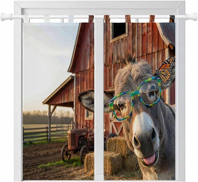Farm Donkeys Living Room Curtains 84 Inch Length, Window Curtains Tab Top, Farmhouse Barn Funny Animals Butterfly Light Filtering Window Treatments Drapes 42"x84" 2 Panel
