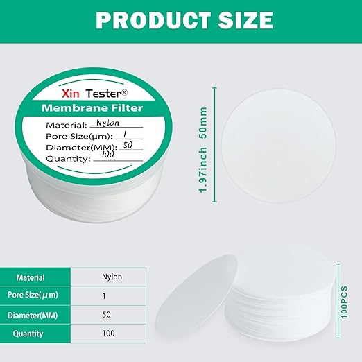 Xin Tester 100 Pieces Nylon Disc Membrane Filters, 50 mm Diameter, 1µm Pore Size