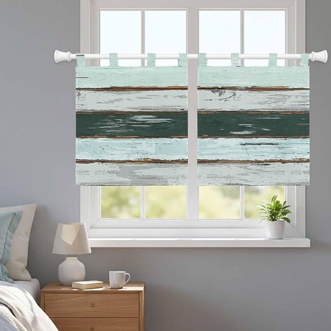 Blue Teal Kitchen Curtains 24 Inch Length, Small Window Curtains Tab Top, Vintage Wooden Retro Art Farmhouse Barns Light Filtering Short Window Treatments Tier Drapes 27.5"x24" 2 Panel