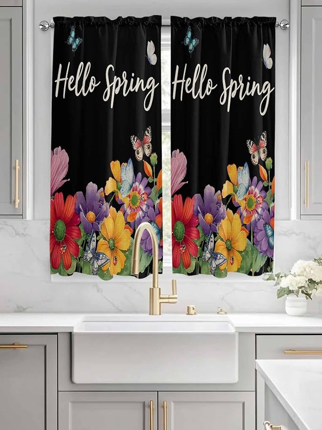Spring Flowers Bedroom Curtains 63 Inches length, Watercolor Country Colorful Floral Black Window Treatment Curtain Drapes, Rod Pocket Curtain Panels for Living Room Kitchen, 42"x63", 2 Panels