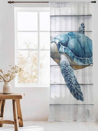Sheer Curtains 96 Inches Long, Sea Turtle Blue Semi Sheer Curtains Light Filtering Window Treatment, Coastal Ocean Seaweed Wood Grain Privacy Voile Drapes for Living Room Bedroom 52x96 Inch