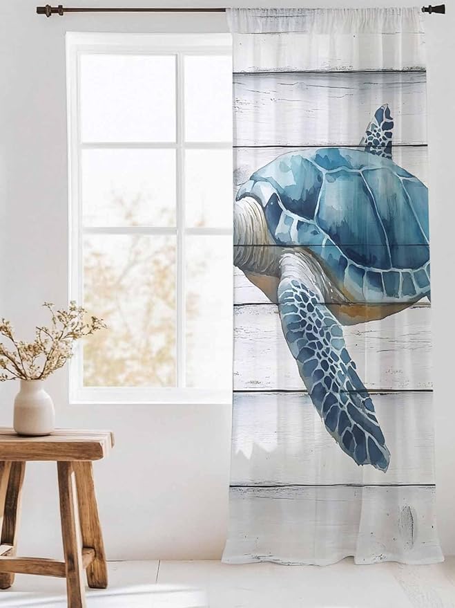 Sheer Curtains 84 Inches Long, Sea Turtle Blue Semi Sheer Curtains Light Filtering Window Treatment, Coastal Ocean Seaweed Wood Grain Privacy Voile Drapes for Living Room Bedroom 52x84 Inch