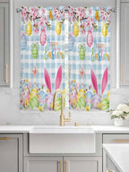 Happy Easter Bedroom Curtains 63 Inches length, Spring Watercolor Bunny Eggs Flower Blue Plaid Window Treatment Curtain Drapes, Rod Pocket Curtain Panels for Living Room Kitchen, 42"x63", 2 Panels