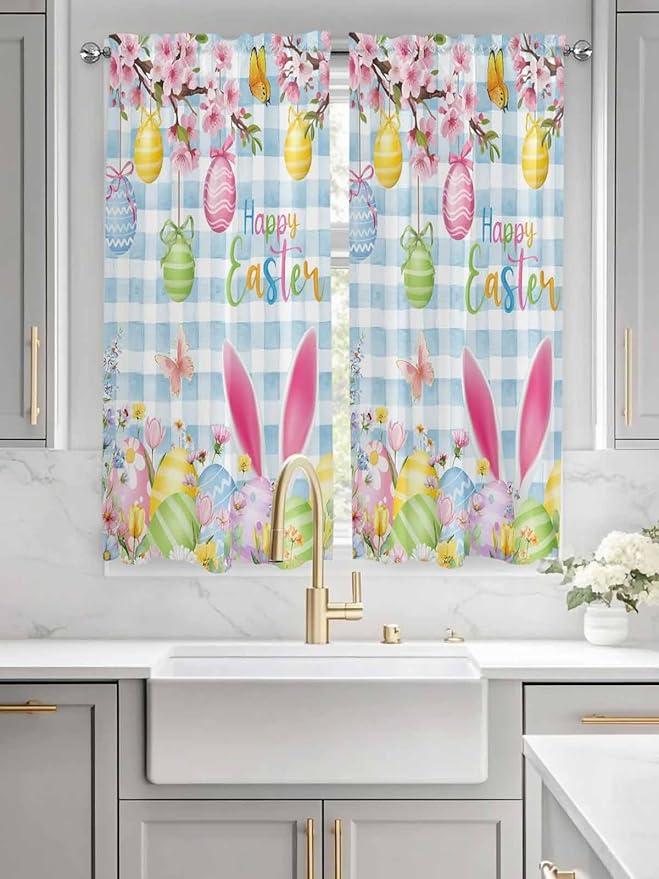 Happy Easter Living Room Curtains 72 Inches length, Spring Watercolor Bunny Eggs Flower Blue Plaid Window Treatment Curtain Drapes, Light Filtering Drapes for Bedroom Laundry Room, 52"x72", 2 Panels