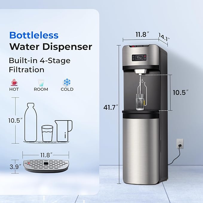 iSpring Bottleless Water Dispenser with Built-in 4-Stage Filtration, Chloramine Removal, Water Cooler Dispenser - Hot, Cold, Room Temp, Self Cleaning, Stainless Steel, Silver, Model: DS4S-NC