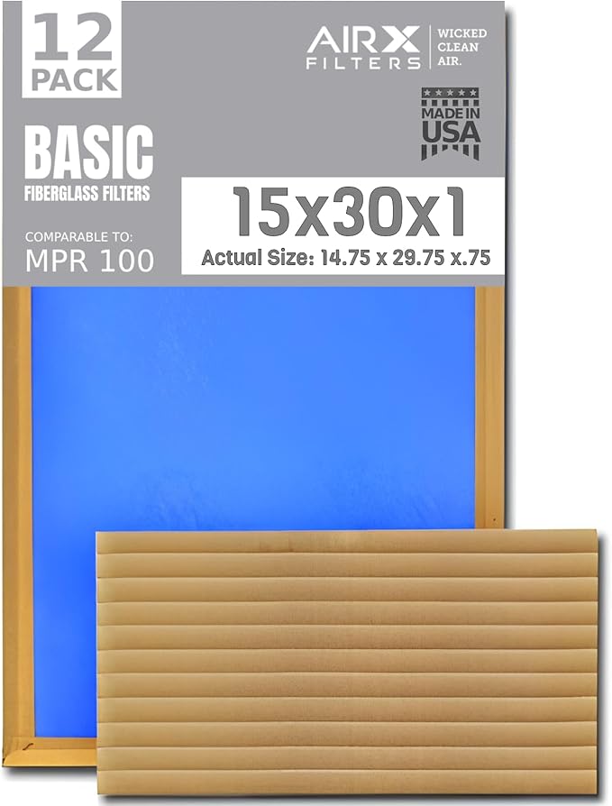 15x30x1 Air Filter Comparable to MPR 100 Basic Economy Furnace Filters, 12 Pack of Non Pleated Fiberglass Filter For Dust - Low Airflow Restriction! From AIRX FILTERS WICKED CLEAN AIR.