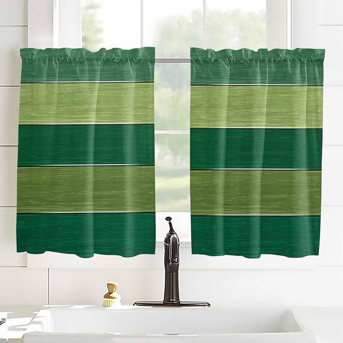 Farm Retro Green Wood Grain Window Valance Curtains, Rustic Wooden Plank Texture Light Filtering Kitchen Valance with 3-inch Rod Pocket for Living Room Bathroom Bedroom,2 Panel,42x45In