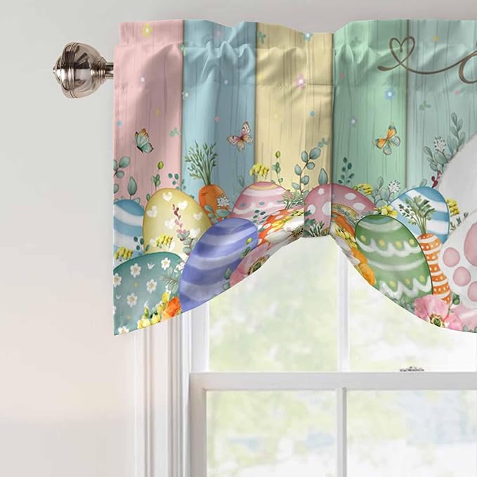 Easter Tie Up Valance Curtains for Windows, Kitchen Curtains Window Shades, Spring Rabbit Ears Foot Eggs Floral Wooden Grain Light Filtering Roman Curtain Valances for Bedroom/Bathroom/Cafe 42"x12"