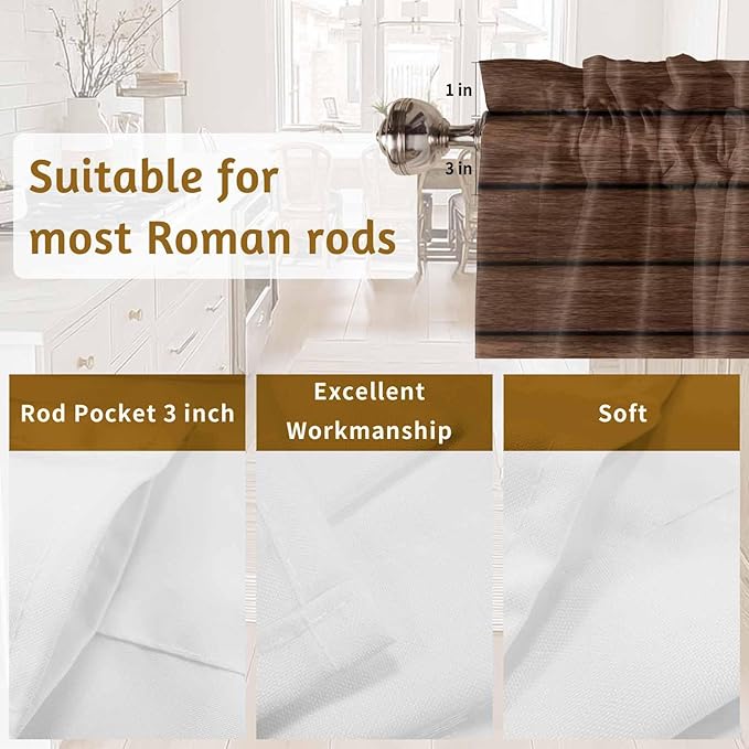 2 Pack Kitchen Valance for Windows, Farm Brown Wood Board Light Filtering Rod Pocket Valances Short Curtain, Vintage Farmhouses Barn Window Curtain for Bedroom Bathroom Living Room 54x18in