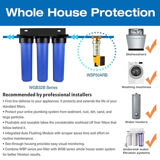iSpring Whole House Water Filter System, Highly Reduces Sediment, Taste, Odor, and up to 99% Chlorine, 3-Stage w/ 20-Inch Sediment and Carbon Block Filters, Model: WGB32B, 1" Inlet/Outlet