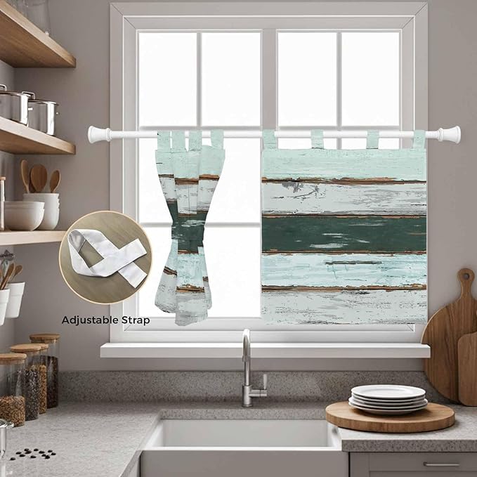 Blue Teal Kitchen Curtains 24 Inch Length, Small Window Curtains Tab Top, Vintage Wooden Retro Art Farmhouse Barns Light Filtering Short Window Treatments Tier Drapes 27.5"x24" 2 Panel