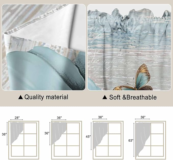 Spring Floral Swag Valances for Windows, Vintage Tulips Flower Butterfly Retro Wood Blue Rod Pocket Kitchen Curtains Valance, Small Window Curtains Swag for Cafe Living Room, 2 Panels, 28x36 inch