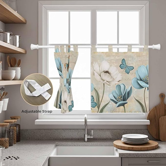 Spring Flowers Kitchen Curtains 36 Inch Length, Small Window Curtains Tab Top, Vintage Rustic Tulips Floral Butterfly Khaki Light Filtering Short Window Treatments Tier Drapes 27.5"x36" 2 Panel