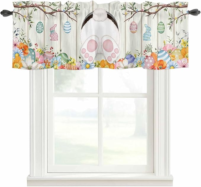Easter Curtain Valances for Windows, Kitchen Valance Window Treatment, Spring Farmhouse Watercolor Bunny Eggs Wood Grain Light Filtering Block Curtains for Bathroom/Bedroom/Living Room 60'' x 18''