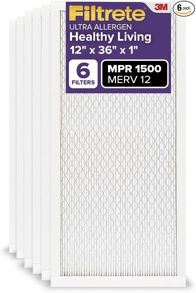 Filtrete 12x36x1 AC Furnace Air Filter, MERV 12, MPR 1500, CERTIFIED asthma & allergy friendly, 3 Month Pleated 1-Inch Electrostatic Air Cleaning Filter, 6-Pack (Actual Size 11.69x35.69x0.78 in)