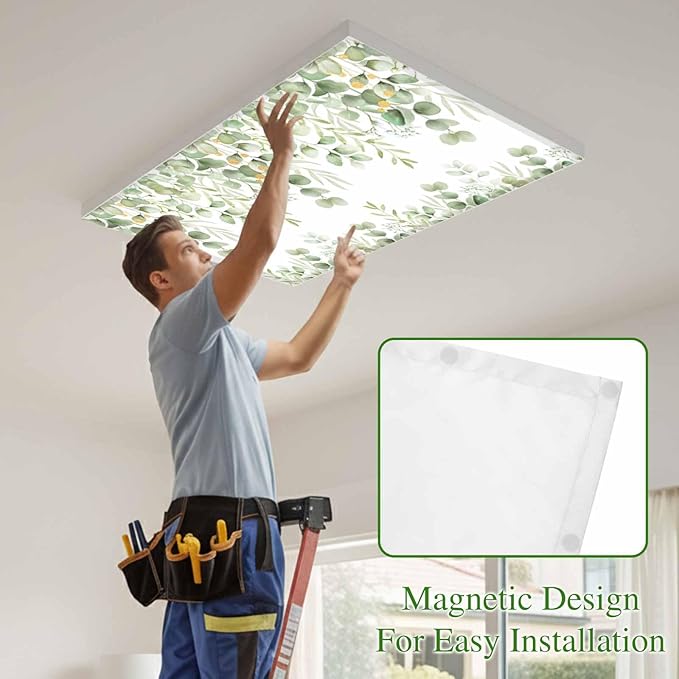 Fluorescent Light Covers for Ceiling Lights Sage Green Eucalyptus Leaves Magnetic Light Filters 3 Pack 4x2 ft Nature Leaf Plant Ceiling Lights Cover for Classroom Office School Home Drop Lamp Decor