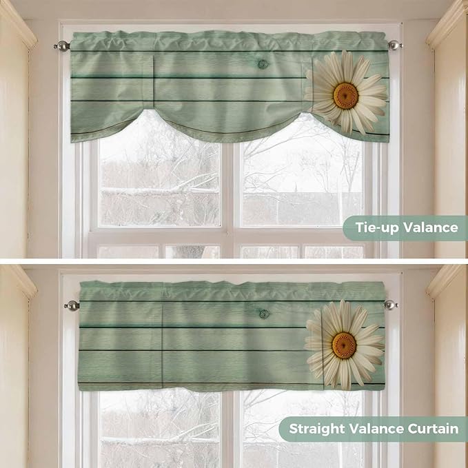 Daisy Flower Tie Up Valance Curtains for Windows, Kitchen Curtains Window Shades, Modern Art Floral Farmhouse Teal Wooden Grain Light Filtering Roman Curtain Valances for Bedroom/Bathroom/Cafe 60"x18"
