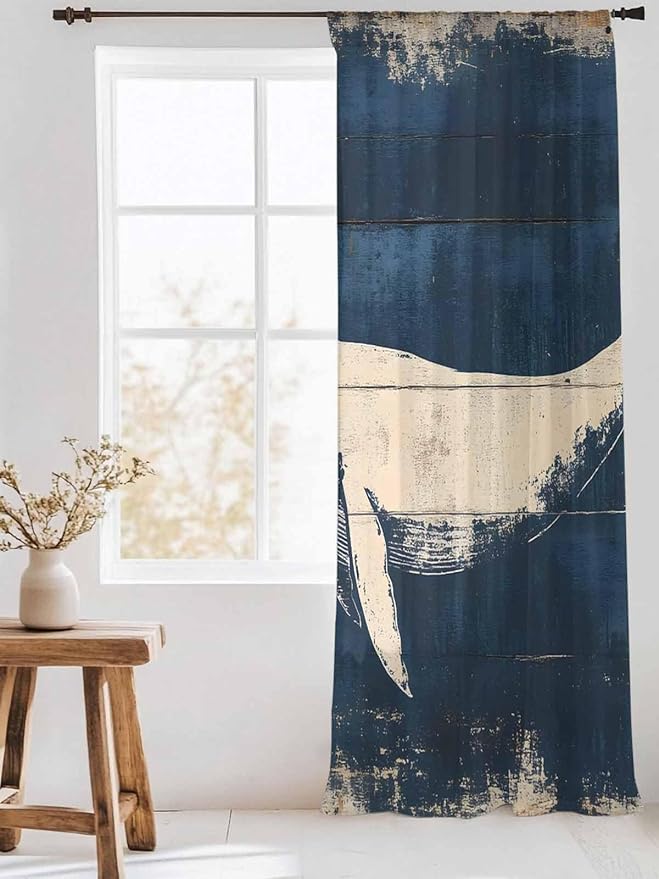 Sheer Curtains 108 Inches Long, Ocean Whale Blue Semi Sheer Curtains Light Filtering Window Treatment, Summer Coastal Vintage Wood Grain Privacy Voile Drapes for Living Room Bedroom 52x108 Inch