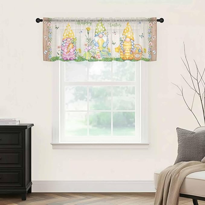 Easter Sheer Valances for Windows 54"x18", Light Filtering Kitchen Curtains Valance, Rustic Gnomes Duck Floral Colorful Eggs Wooden Grain Rod Pocket Chiffon Curtains for Living Room Bedroom Cafe