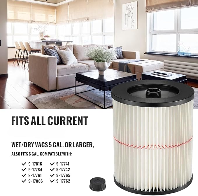 17816/9-17816 Red-Stripe Cartridge Filter Replacement – Compatible with Craftsman 5–32 Gallon Wet/Dry Shop Vac – Washable Pleated Vacuum Filter, 2 Pack
