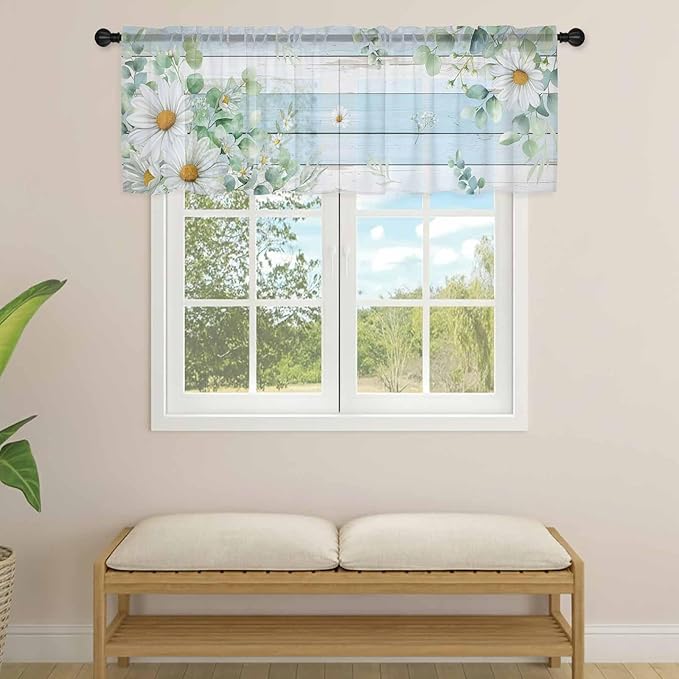 Daisy Eucalyptus Leaves Sheer Valance Curtains, Blue Wood Grain Spring Countryside Light Filtering Kitchen Valances Rod Pocket Voile Curtain Window Treatment for Bedroom/Living Room/Basement 60Wx18L