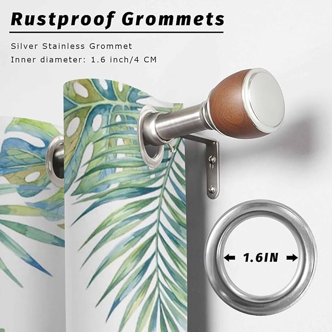 Leaves Outdoor Curtains for Patio Green Leaf Tropical Plants Farmhouse Pastoral Waterproof Outside Curtains with Grommet Top Weatherproof Curtain for Cabana Pergola Gazebo, 1 Panel, 54" W x 84" L
