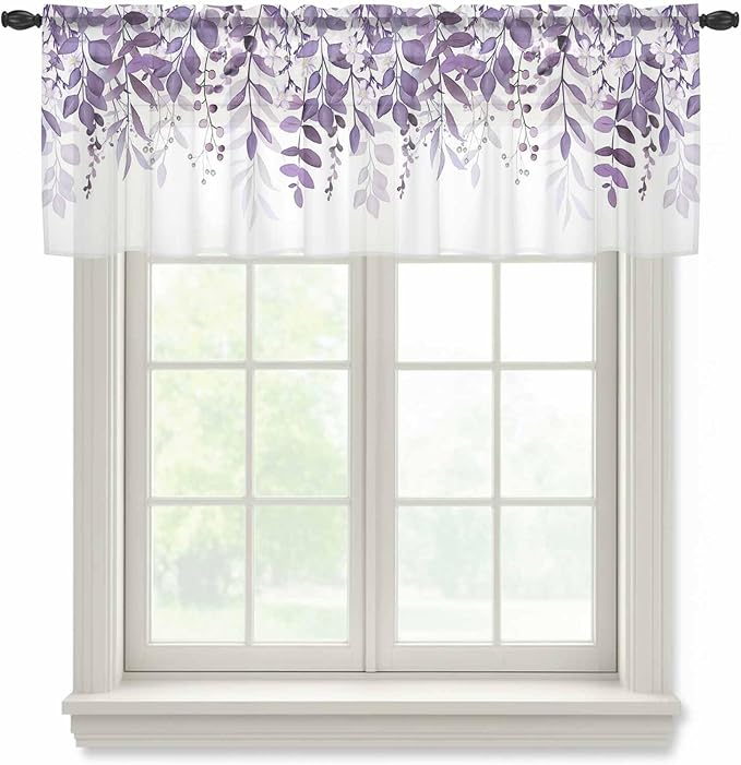 Eucalyptus Leaves Sheer Valance Curtains, Purple Leaves Idyllic Winds Farmhouses Light Filtering Kitchen Valances Rod Pocket Voile Curtain Window Treatment for Bedroom/Living Room/Basement 54Wx18L