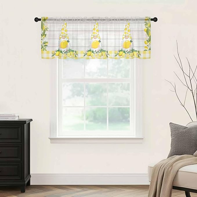 Lemon Dwarfs Sheer Valance Curtains, Gnome Green Leaf Wood Striped Yellow Plaid Light Filtering Kitchen Valances Rod Pocket Voile Curtain Window Treatment for Bedroom/Living Room/Basement 42Wx12L