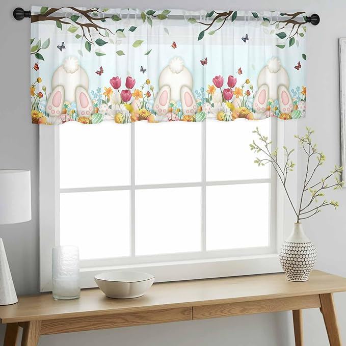 Easter Sheer Valances for Windows 42"x18", Light Filtering Kitchen Curtains Valance, Spring Watercolor Eggs Country Tulip Flower Plant Rod Pocket Chiffon Curtains for Living Room Bedroom Cafe