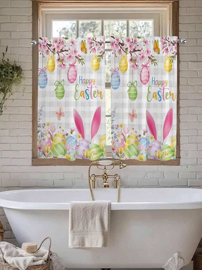 Happy Easter Kitchen Curtains 45 Inches length, Spring Watercolor Bunny Eggs Flower Grey Plaid Window Treatment Curtain Drapes, Lightweight Window Panels for Living Room Bedroom, 52"x45", 2 Panels