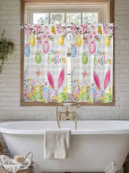 Happy Easter Kitchen Curtains 45 Inches length, Spring Watercolor Bunny Eggs Flower Grey Plaid Window Treatment Curtain Drapes, Lightweight Window Panels for Living Room Bedroom, 52"x45", 2 Panels