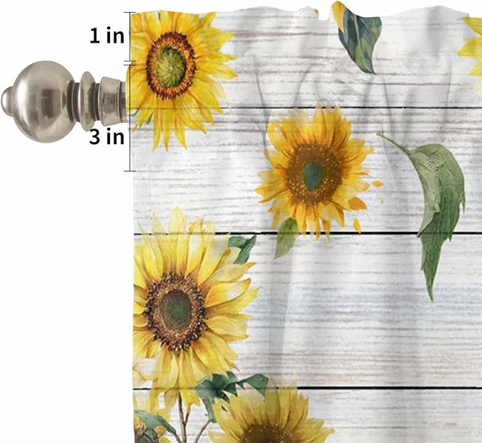 Kitchen Curtains Tiers and Valance Set of 3, Cow Sunflowers Light Filtering Window Curtain Set, Farmhouse Animals Plants Wooden Grain Rod Pocket Curtain Drapes for Cafe, Living Room, 36 Inches Tiers