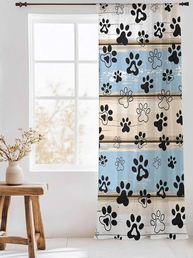 Sheer Curtains 108 Inches Long, Blue Beige Paw Print Semi Sheer Curtains Light Filtering Window Treatment, Vintage Farmhouse Rustic Wooden Grain Privacy Voile Drapes for Living Room 52x108 Inch