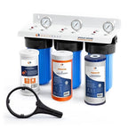 Aquaboon 3-Stage Whole House Water Filtration System with 5 Micron 10x4.5 Anti-Scale Reducing Sediment, KDF Heavy Metals and Carbon Chlorine Reduction Water Filter Purification, Wrench, Bracket