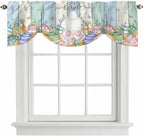 Easter Tie Up Valance Curtains for Windows, Kitchen Curtains Window Shades, Spring Rabbit Ears Foot Flowers Eggs Green Wooden Light Filtering Roman Curtain Valances for Bedroom/Bathroom/Cafe 60"x18"