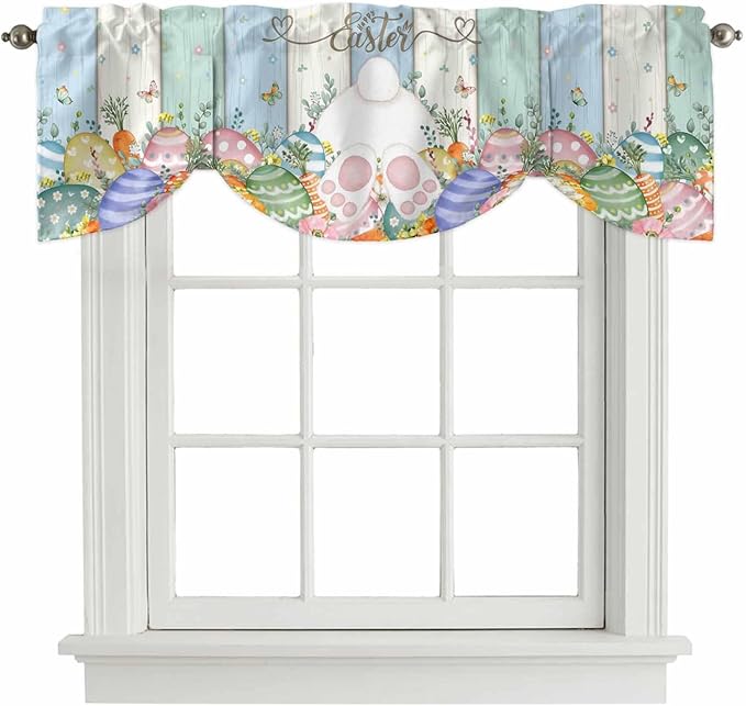 Easter Tie Up Valance Curtains for Windows, Kitchen Curtains Window Shades, Spring Rabbit Ears Foot Flowers Eggs Green Wooden Light Filtering Roman Curtain Valances for Bedroom/Bathroom/Cafe 42"x12"