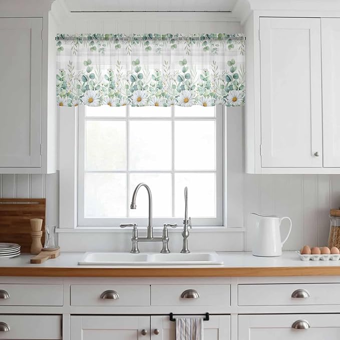 Eucalyptus Leaves Daisy Sheer Valance Curtains, Summer Farmhouses Gray Plaid Light Filtering Kitchen Valances Rod Pocket Voile Curtain Window Treatment for Bedroom/Living Room/Basement 42Wx18L
