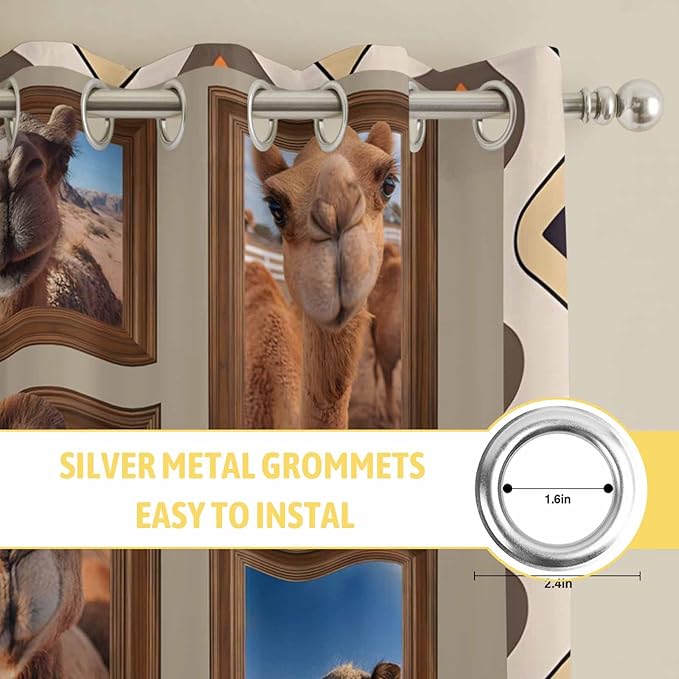 2 Panel Kitchen Cafe Curtains, Desert Camels Sunlight Filtering Nature Air Through, Home Decor Window Covering Tier Curtains for Living Room 104W x 72L inch Western Wildlife Brown Animals Country