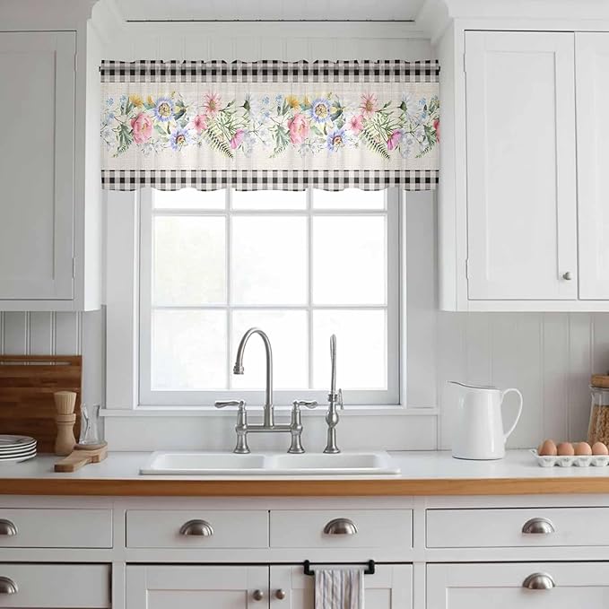 Blue Pink Floral Sheer Valance Curtains, Spring Summer Botanical Linen Black Plaid Light Filtering Kitchen Valances Rod Pocket Voile Curtain Window Treatment for Bedroom/Living Room/Basement 54Wx18L