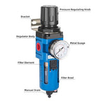 NANPU 3/8" NPT Compressed Air Filter Regulator Combo Piggyback, 5 Micron Brass Element, Poly Bowl, Manual Drain, Metal Bracket, 0-150 psi Gauge - AW3000-03M