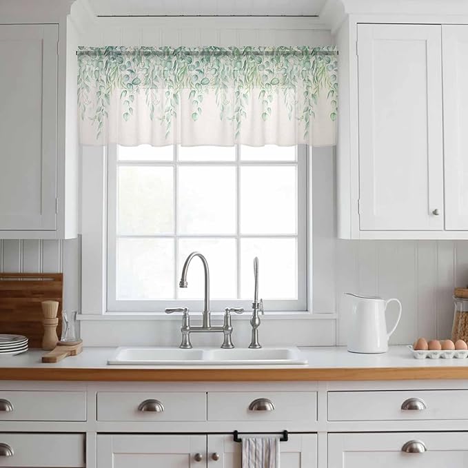 Green Leaf Sheer Valance Curtains, Eucalyptus Leaves Vintage Linen Texture Spring Plant Light Filtering Kitchen Valances Rod Pocket Voile Curtain Treatment for Bedroom/Living Room/Basement 42Wx12L