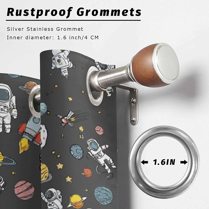 Cartoon Space Outdoor Curtains for Patio Rockets Planets Astronauts Gray Waterproof Outside Curtains with Grommet Top Weatherproof Curtain for Cabana Pergola Gazebo, 2 Pack, 54" W x 84" L