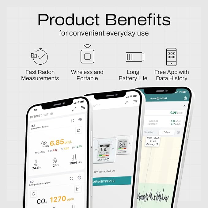 Radon One – Fast Home Radon Gas Detector with 10-Minute Response, E-Ink Display, Battery Powered, Portable Real-Time Radon Monitor for Basements & Indoor Air Monitoring (White)