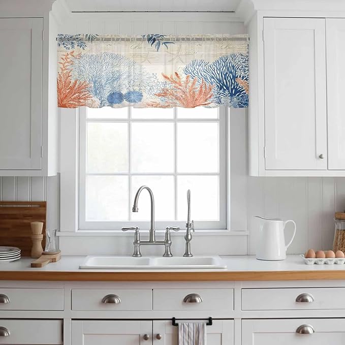 Ocean Corals Sheer Valance Curtains, Summer Beach Coral Sea Stars Retro Texture Light Filtering Kitchen Valances Rod Pocket Voile Curtain Window Treatment for Bedroom/Living Room/Basement 60Wx18L